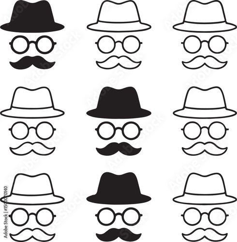 Mustache, Glasses, and Hat Icon Set – Detective Symbol Vector Illustration

