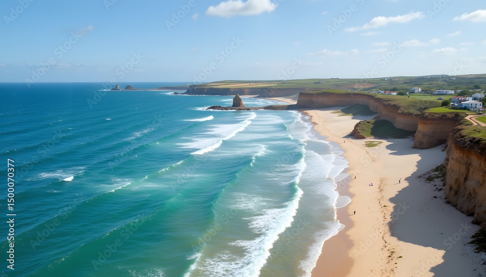Obraz premium Scenic Beach with Ocean Waves and Cliffs during Clear Day