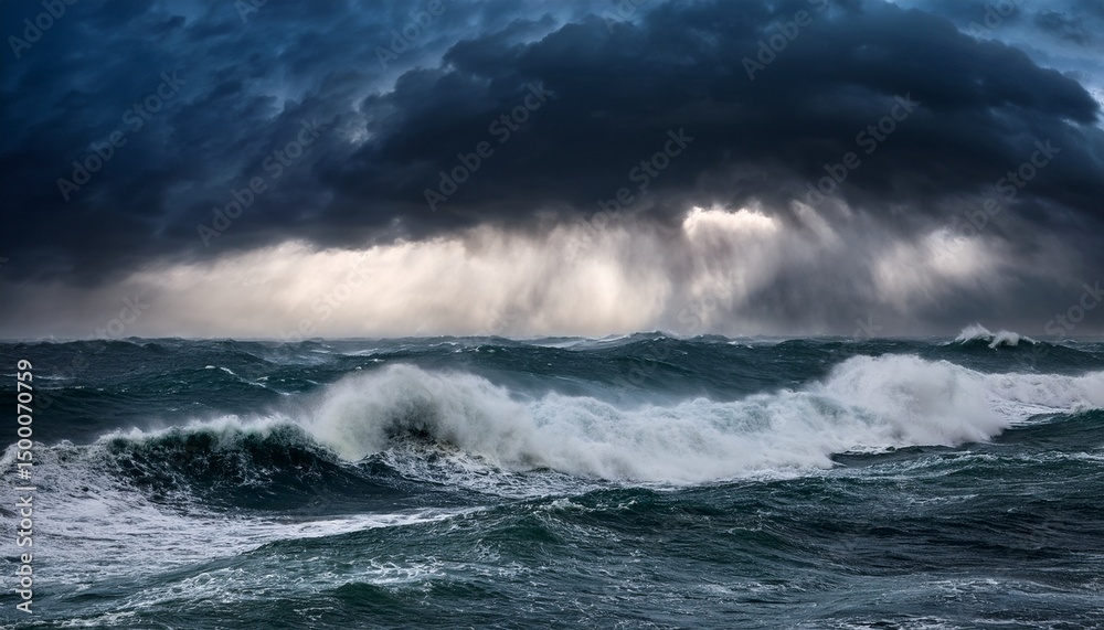 Fototapeta premium dramatic portrayal of a turbulent sea with towering waves amidst a raging storm depicting the raw power and intensity of nature in a visually stunning composition