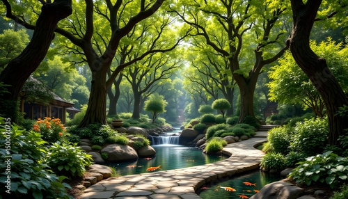 Serene Tree Canopy Over Calm Water with Lush Greenery and Pathways