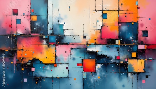 Colorful Abstract Painting with Geometric Layers and Vibrant Hues