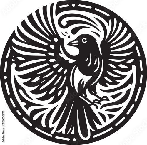 Stylized black and white circular bird design tribal art