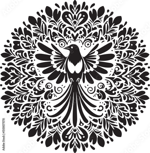Ornate black and white mandala design featuring a majestic bird
