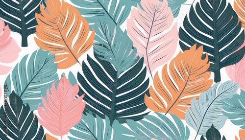 playful seamless pattern featuring pastel colored tropical leaves