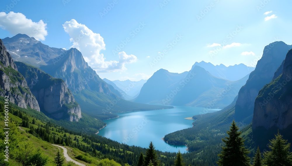 Naklejka premium Stunning Mountain Peaks with Serene Lake Under Clear Blue Sky