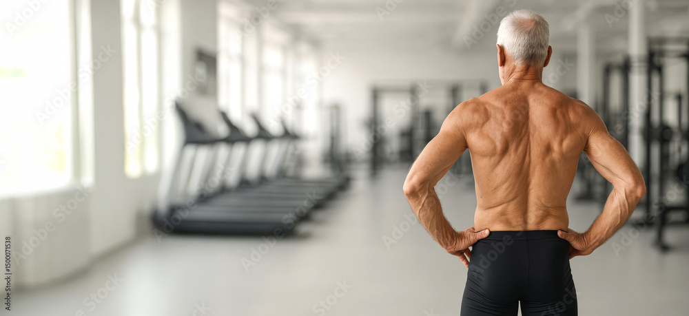 Obraz premium Elderly caucasian man demonstrating strength in modern gym setting. concept of fitness, healthy lifestyle, aging with strength, physical exercise, muscular development, Copy space, banner