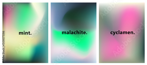 This vector illustration uses soft, blended gradients in mint green, malachite, and cyclamen pink shades. It features the modern, popular blurry gradient trend of 2025.
