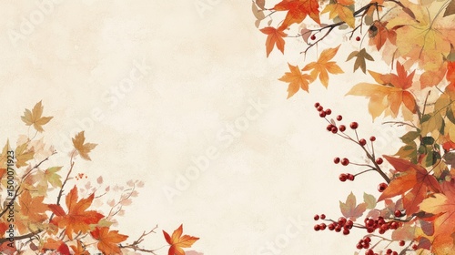 Autumnal leaves and berries frame a pale background