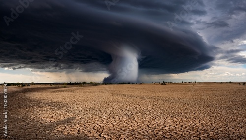 raging tornado at the with in a dry dirt field with black clouds