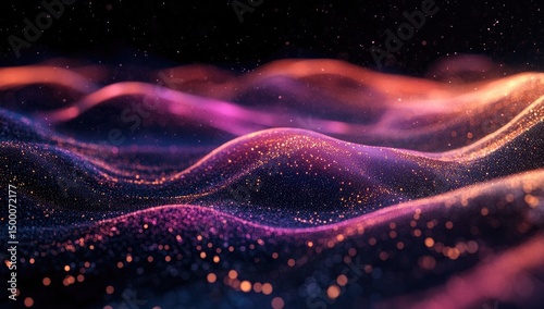 Abstract digital landscape with swirling, textured hills of vibrant, glowing particles