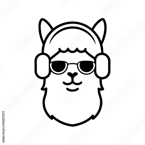 Alpaca Head with Headphone and Sunglasses Line Art Vector