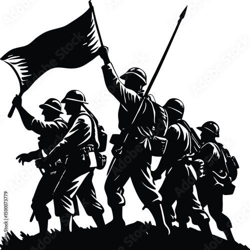 Silhouette of Soldiers Marching into Battle with Courage and Strength