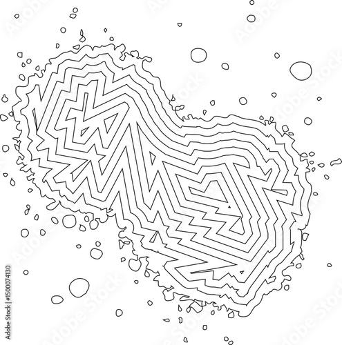 Concentric heart-shaped ink splatter with elongated drip trails and fluid edge structure.
