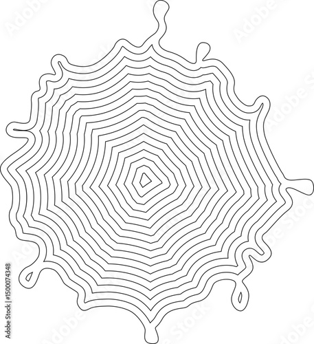Concentric black ink figure composed of rough lines and distressed textures suggesting a mark with directional flow.