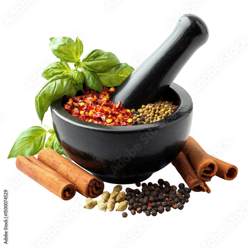 Mortar and pestle with spices on transparent background