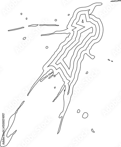 Concentric ink jet spatter formed by burst-like radial droplets and irregular perimeter lines creating a dynamic texture.