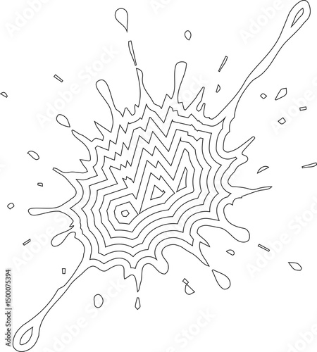 Concentric messy ink dot composed of scattered droplet lines and layered circular splash marks.