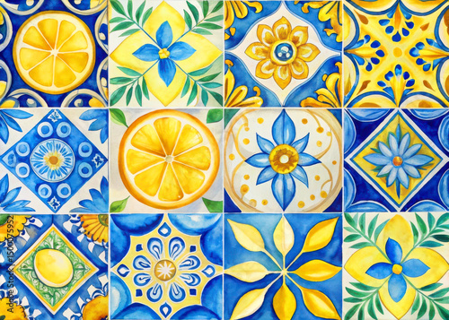 Watercolor lemon and floral pattern tiles