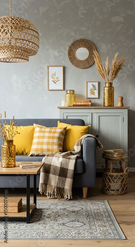 Cozy living room interior with gray sofa, yellow pillows and wooden decor
