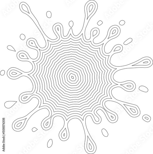 Star-like ink shape with pointed concentric contours and geometric spatter texture.