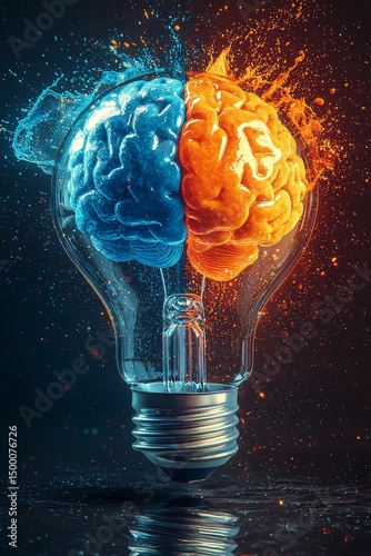 Creative Fusion of Ideas With a Vibrant Light Bulb Shaped Like a Brain Glowing in Blue and Orange Against a Dark Backdrop