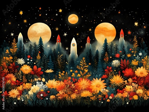 Colorful rockets launch over a vibrant floral garden beneath a starlit sky