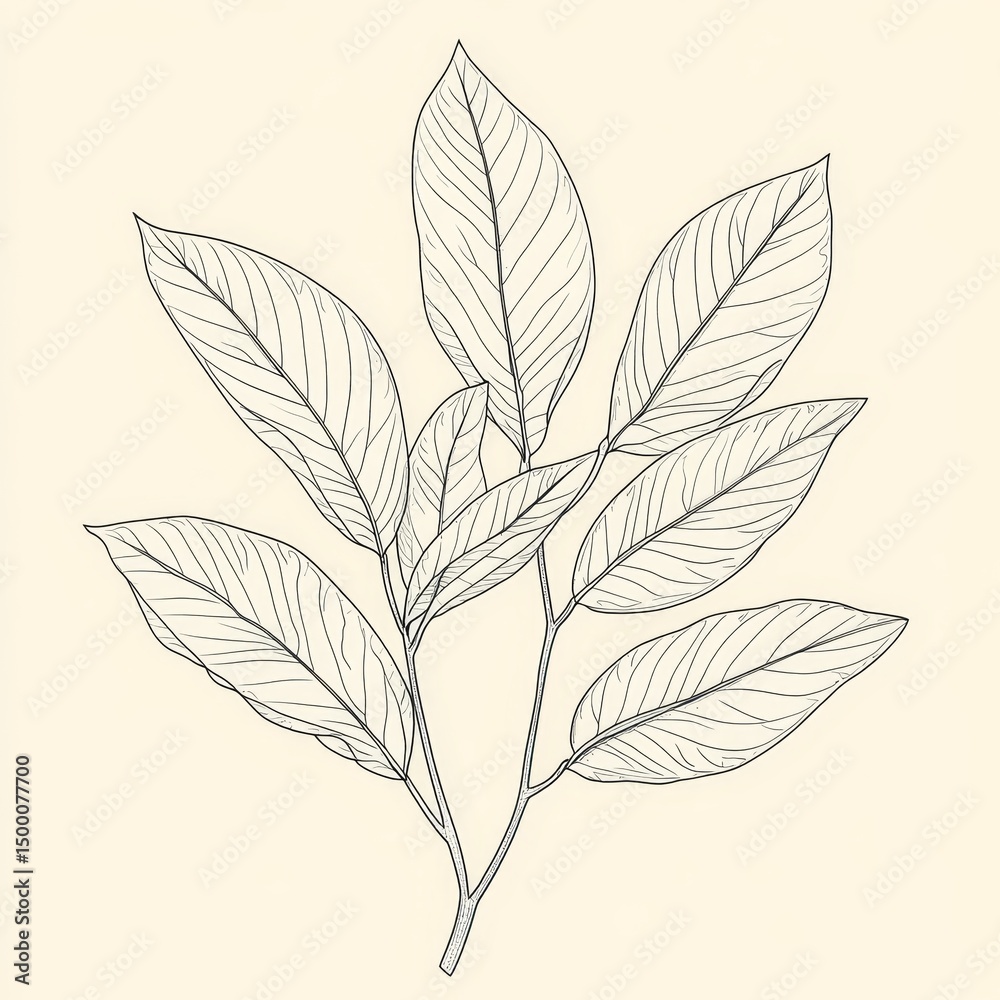 Obraz premium Delicate Outline of Tropical Leaves Gracefully Arranged Against a Soft Cream Background, Capturing the Essence of Nature's Beauty and Intricacy in Botanical Art