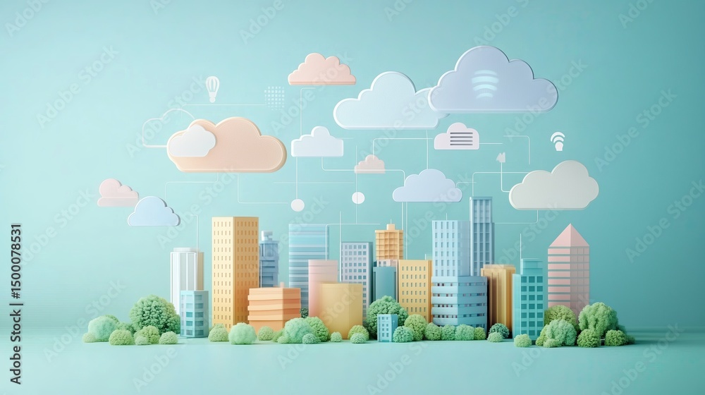 Fototapeta premium Smart city network pastel minimal illustration