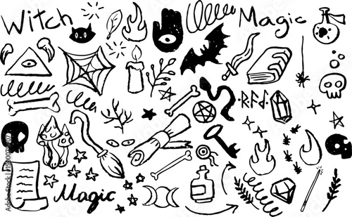 Magic witch mystical doodles. Hand drawn spooky symbols: skulls, magic potions, wizard hats, bones, cauldrons, and crystal balls. Perfect for Halloween, witchcraft and fantasy art projects.