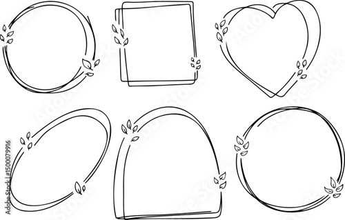 Floral line doodle frames in square, circle, and heart shapes with leafy ornament designs. Minimalist outline illustrations for invitations, cards, or decorative projects