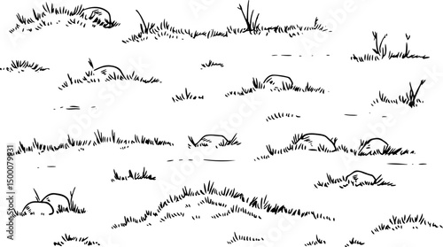 Hand-drawn sketches of grassy fields, rocky landscapes, and doodle natural scenery. Set for nature-themed projects, backgrounds, or illustrations
