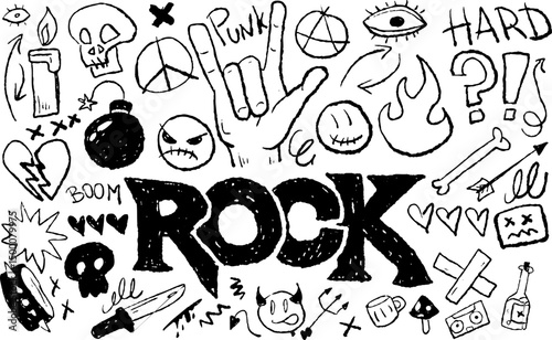 Rock punk doodle sketch with grunge style. Hand-drawn musical symbols, skulls, and expressive elements.