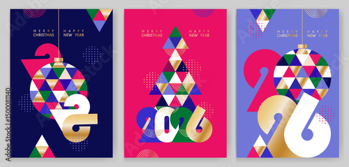 Merry Christmas and Happy New Year 2026, greeting cards, posters, holiday banners set. Modern Xmas design with triangle fir tree pattern in trendy Very Peri, pink, gold colors. Christmas ball, numbers