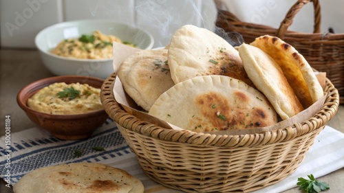 Savoring warm and soft pita bread kitchen table freshly baked goodies cozy environment close-up view ideal for scooping up dips