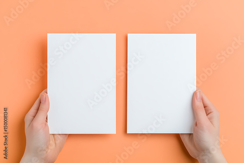 Two white rectangular cards are displayed against a plain light orange background.  Each card is being held by a fair-skinned person, offering a clean and simple aesthetic.