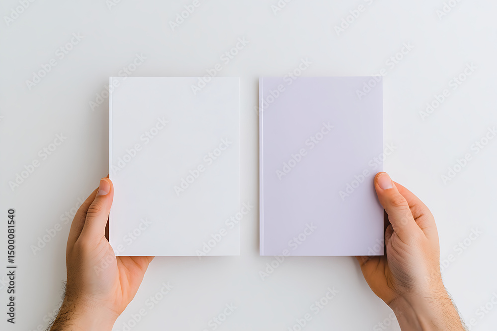 Fototapeta premium Two hands holding blank paper sheets. Mockup template of white paper, ready for your message! Clean, modern, and simple design for versatile use.