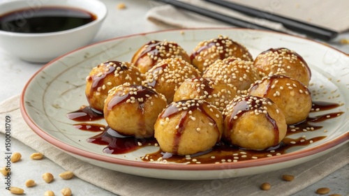 Savoring delicious luqaimat traditional deep-fried dumplings with date syrup and sesame middle eastern cuisine culinary delight close-up view sweet treats