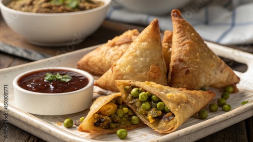Fototapeta Naklejka Na Ścianę i Meble -  Enjoy delicious samosas with spiced potatoes and peas served with tamarind sauce in a cozy dining experience