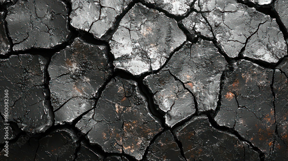 Cracked, dark surface with fissures and texture detail Cracked, dark surface with fissures and texture detail