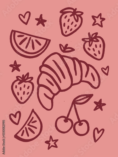 Croissant and fruits vector illustration