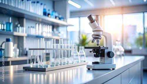 Science themed background with blurred elements including test tubes microscope and a research concept idea
