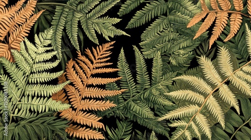 Black and green background with a variety of leaves, including some that are brown