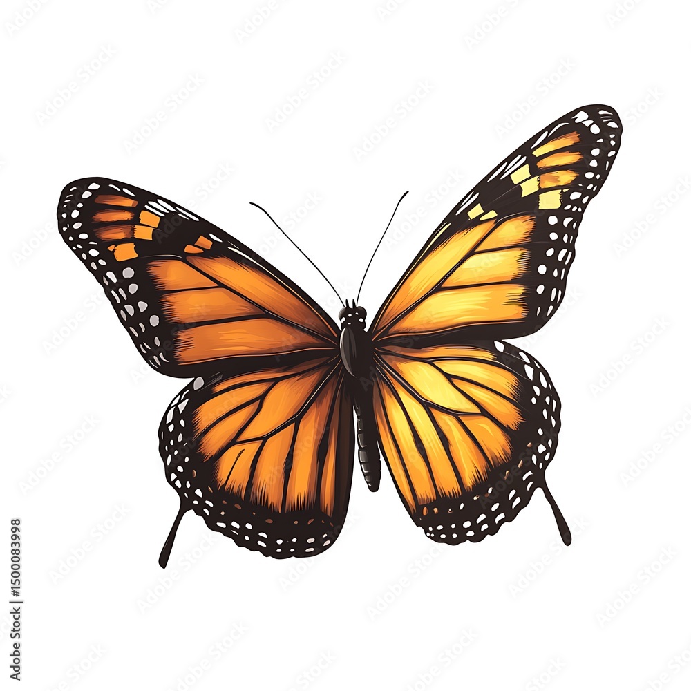 Fototapeta premium Exquisite illustration of a monarch butterfly with vibrant orange wings and a detailed design against white background