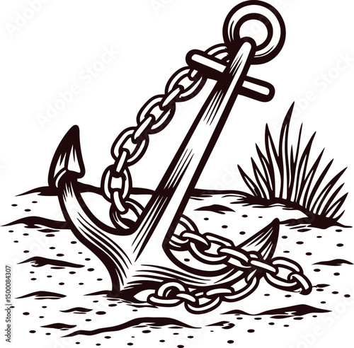 Vintage anchor on sandy seafloor with seaweed