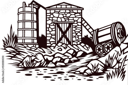 Old mining structure with rock debris and wooden cart in rustic landscape