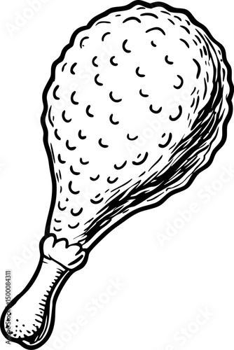 Hand drawn sketch of a crispy fried chicken drumstick on a white background