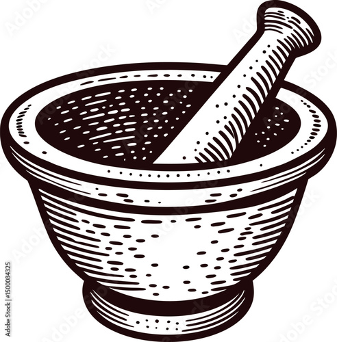 Vintage mortar and pestle sketch with detailed engraving design in black and white