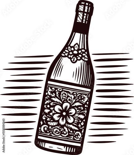 Decorative wine bottle design with intricate floral patterns in black and white line art