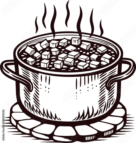 Steaming pot of soup with vegetables cooking on stove in black and white line art
