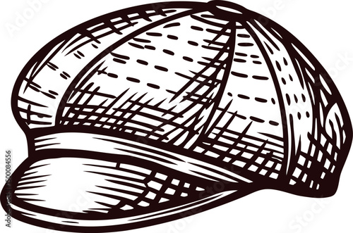 Vintage newsboy cap sketch with detailed crosshatch design